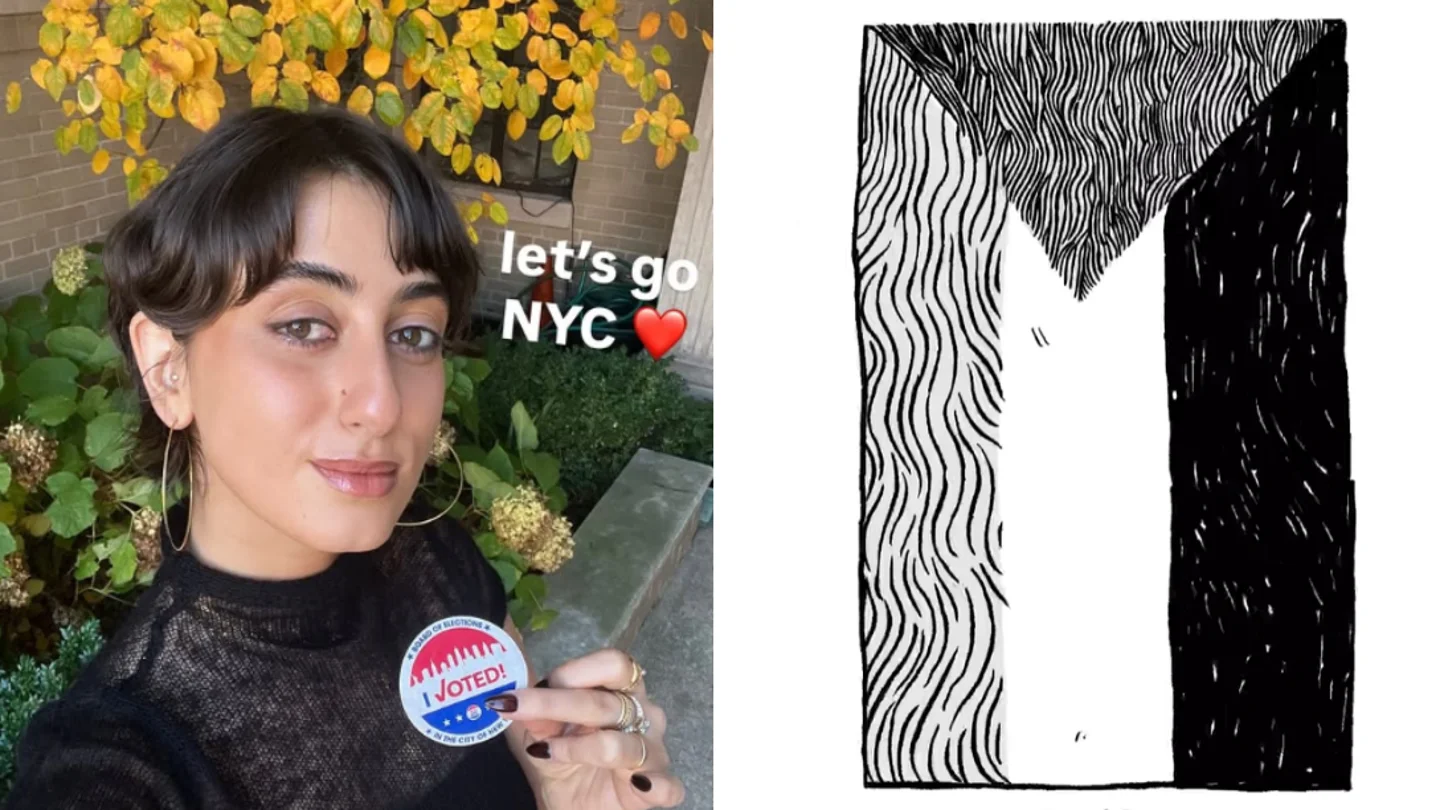 A la izquierda, Rama Duwaji después de votar; a la derecha, una de sus ilustraciones A la izquierda, Rama Duwaji después de votar; a la derecha, una de sus ilustraciones