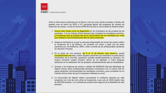 La Comunidad de Madrid asegura que "ningún proceso clínico se vio alterado" tras las notificaciones erróneas del cribado de cáncer de colon La Comunidad de Madrid asegura que "ningún proceso clínico se vio alterado" tras las notificaciones erróneas del cribado de cáncer de colon