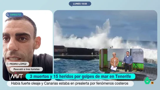 Pedro López, que salvó a tres turistas en Tenerife: "Las vallas tendrían que estar cerradas cuando hay una previsión fuerte" Un golpe de mar provocaba este fin de semana tres muertos y 15 heridos en diferentes incidentes ocurridos en la playa del Roque de Las Bodegas, la del Cabezo de Granadilla de Abona y el muelle de Puerto de la Cruz, en Tenerife.