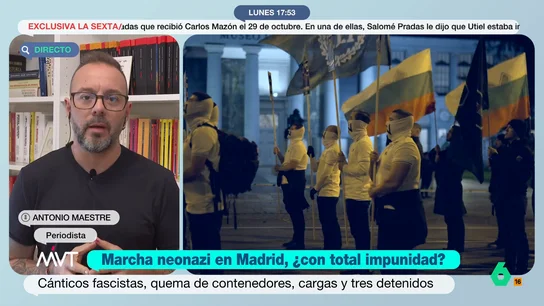Antonio Maestre, sobre la marcha neonazi en Madrid: "Fue una performance teatralizada muy escasa y minoritaria" Este fin de semana ha tenido lugar una concentración neonazi en Madrid. En la misma se pudieron escuchar cantos y consignas fascistas, y se produjo la quema de contenedores. El acto se saldó con tres detenidos.