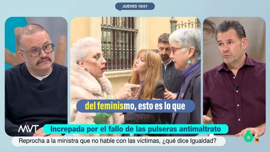 Edu Galán, después de que la presidenta de una asociación de víctimas increpe a Ana Redondo: "La ministra hace lo que puede" La presidenta de La Volaera le ha calificado a la ministra de "cómplice de los maltratadores" a causa de los fallos de las pulseras antimaltrato. Redondo no ha dudado en responder a sus comentarios.