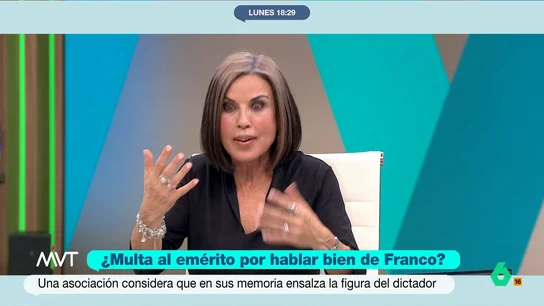 Beatriz de Vicente, sobre si hay delito en las palabras del emérito sobre Franco: "Está en el límite" Se ha solicitado que se multe a Juan Carlos I debido a los elegios que ha dedicado al dictador Francisco Franco en sus memorias, 'Reconciliación'. Este afirma, entre otras cosas, que respetaba al dictador y que tenía con él una relación "filial".