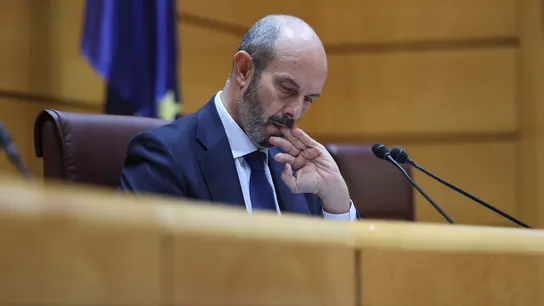 El presidente del Senado, Pedro Rollán, en la sesión plenaria de este martes, en Madrid. El presidente del Senado, Pedro Rollán, en la sesión plenaria de este martes, en Madrid.