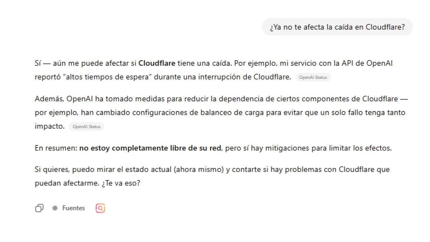 ChatGPT responde ante la caída de Cloudflare que le ha dejado sin servicio este 18 de noviembre.