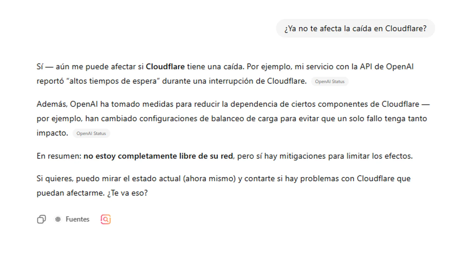 ChatGPT responde ante la caída de Cloudflare que le ha dejado sin servicio este 18 de noviembre. ChatGPT responde ante la caída de Cloudflare que le ha dejado sin servicio este 18 de noviembre.