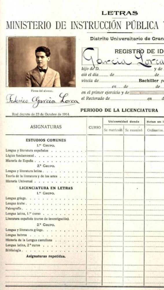 Expediente Federico García Lorca de la Facultad de Filosofía y Letras de Granada. 