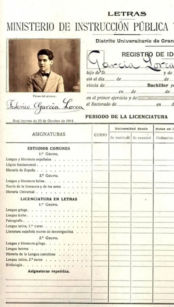 Expediente Federico García Lorca de la Facultad de Filosofía y Letras de Granada. Expediente Federico García Lorca de la Facultad de Filosofía y Letras de Granada.