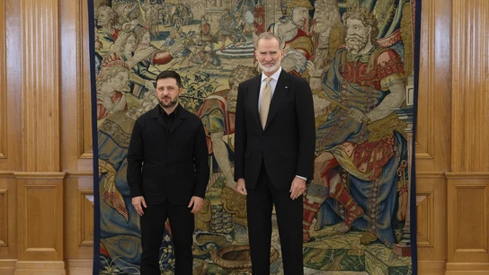 El presidente de Ucrania, Volodímir Zelenski, posa junto al rey Felipe VI, durante su encuentro en Zarzuela El presidente de Ucrania, Volodímir Zelenski, posa junto al rey Felipe VI, durante su encuentro en Zarzuela
