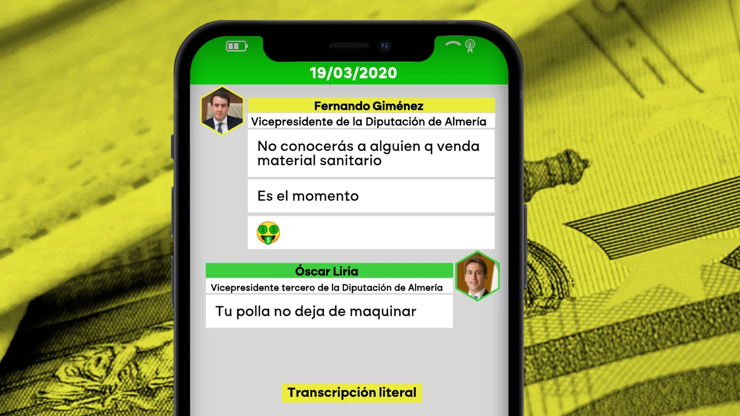 Una conversación revela que mientras en España se vivía lo peor de la pandemia, el PP de Almería solo pensaba en hacer dinero: "Tu polla no deja de maquinar" Una conversación revela que mientras en España se vivía lo peor de la pandemia, el PP de Almería solo pensaba en hacer dinero: "Tu polla no deja de maquinar"