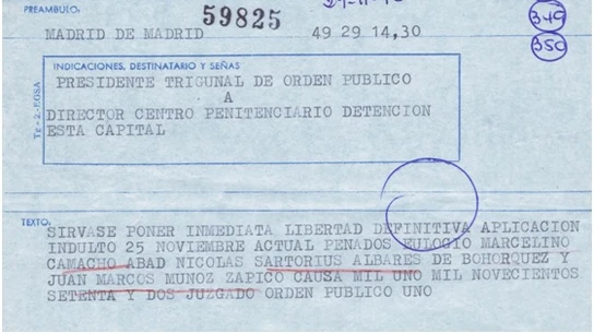 Telegrama de libertad para Marcelino Camacho Telegrama de libertad para Marcelino Camacho