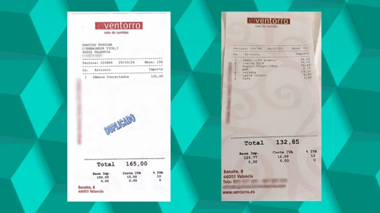 La factura de Mazón frente a un ticket habitual del restaurante 'El Ventorro'. La factura de Mazón frente a un ticket habitual del restaurante 'El Ventorro'.