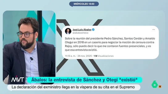 Monrosi, a Ábalos sobre la reunión de Sánchez y Otegi: "Si quieren amenazar al Gobierno y la munición es esto, está regular la cosa" José Enrique Monrosi reflexiona en este vídeo sobre el tuit de Ábalos afirmando que "existió" la reunión entre Sánchez y Otegi y recuerda que, entonces, ni Otegi tenía interés en reunirse, ni los votos de Bildu eran necesarios para la moción de censura.