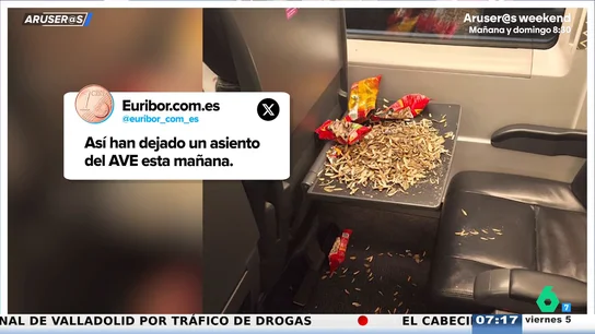 Alfonso Arús, tras ver cómo ha dejado un pasajero su asiento del AVE: "Hay que prohibir entrar a guarros" Alfonso Arús, tras ver cómo ha dejado un pasajero su asiento del AVE: "Hay que prohibir entrar a guarros"