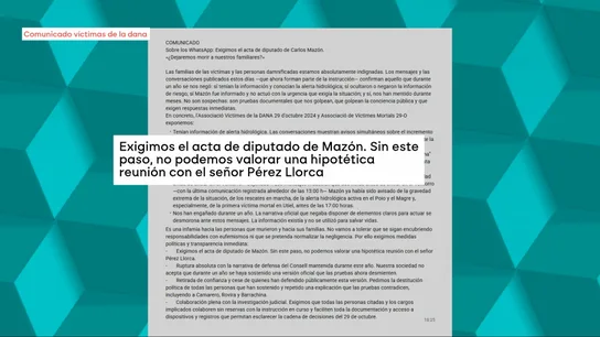 Las víctimas de la DANA exigen el acta de diputado de Mazón tras conocer los Whatsapp: "Son pruebas documentales". Las víctimas de la DANA exigen el acta de diputado de Mazón tras conocer los Whatsapp: "Son pruebas documentales".