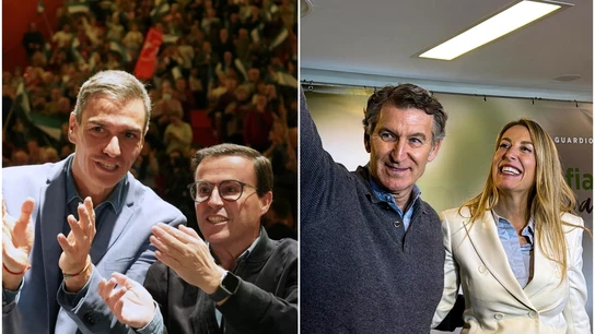 A la izquierda, Sánchez con Gallardo; a la derecha, Feijóo con Guardiola A la izquierda, Sánchez con Gallardo; a la derecha, Feijóo con Guardiola