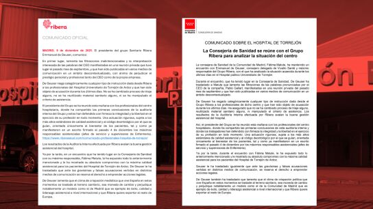 Los comunicados de Ribera Salud y el Gobierno de Ayuso sobre el esc&aacute;ndalo del hospital de Torrej&oacute;n.