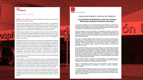 Los comunicados de Ribera Salud y el Gobierno de Ayuso sobre el escándalo del hospital de Torrejón. Los comunicados de Ribera Salud y el Gobierno de Ayuso sobre el escándalo del hospital de Torrejón.