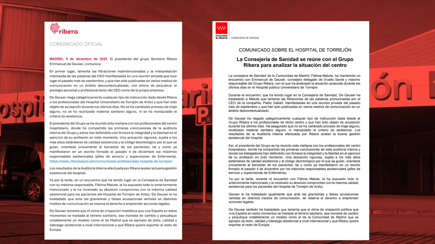 Los comunicados de Ribera Salud y el Gobierno de Ayuso sobre el escándalo del hospital de Torrejón. Los comunicados de Ribera Salud y el Gobierno de Ayuso sobre el escándalo del hospital de Torrejón.
