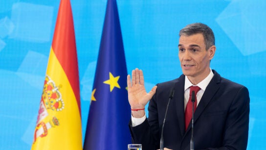 El presidente del Gobierno, Pedro S&aacute;nchez, durante una rueda de prensa, en el Palacio de la Moncloa