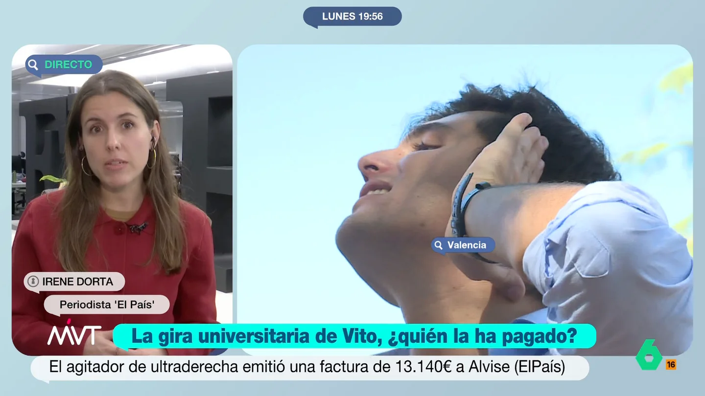 Irene Dorta, sobre los 13.000 euros que habría pagado Alvise a Vito Quiles durante su gira: "Sabemos que hay más pagos" Más Vale Tarde habla con Irene Dorta, periodista de 'El País', que hoy publica que Alvise Pérez habría pagado 13.000 euros a Vito Quiles por su gira por las universidades, cuando el agitador había asegurado que no le financiaba ningún político.
