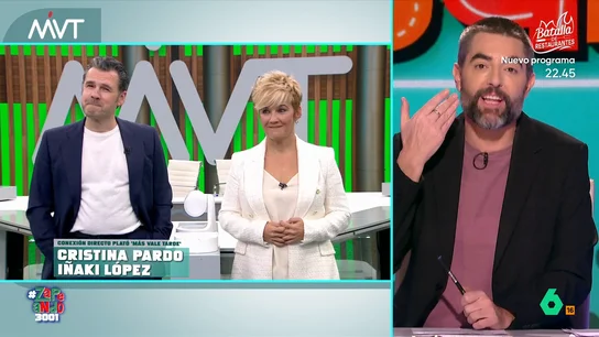 Dani Mateo 'se mete' con el flemón de Iñaki López: "Acaba ya de merendar, que va a empezar el programa y estás con el cruasán" Dani Mateo conecta un día más con Iñaki López y Cristina Pardo para conocer los contenidos de Más Vale Tarde y terminan hablando del flemón del presentador: "Luego te preguntas por qué no tienes amigos", le responde Iñaki.