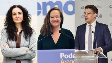 Marta Abengochea (IU-Sumar), Mar&iacute;a Goikoetxea (Podemos) y Jorge Pueyo (CHA).