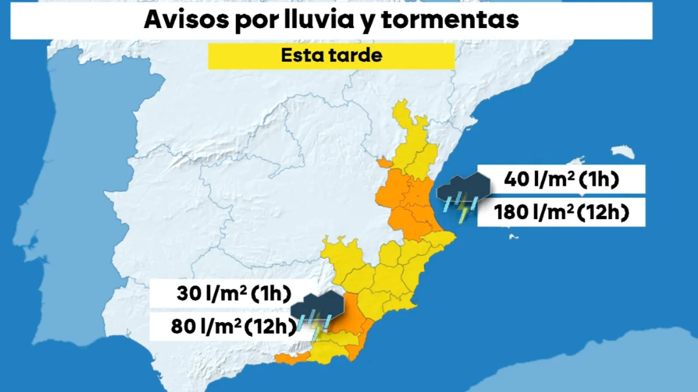 El temporal de lluvia se desplaza hacia el Levante y deja avisos naranjas por lluvia en Valencia y por inundaciones en Cataluña. El temporal de lluvia se desplaza hacia el Levante y deja avisos naranjas por lluvia en Valencia y por inundaciones en Cataluña.