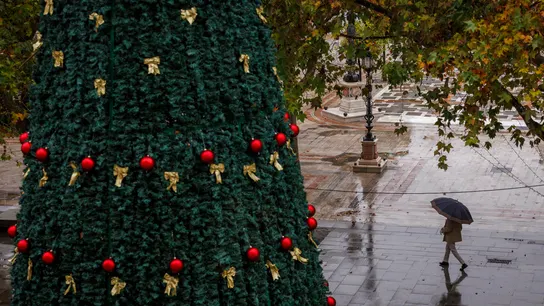 Una persona con paraguas caminando junto al árbol de Navidad del Ayuntamiento de Sevilla. Una persona con paraguas caminando junto al árbol de Navidad del Ayuntamiento de Sevilla.