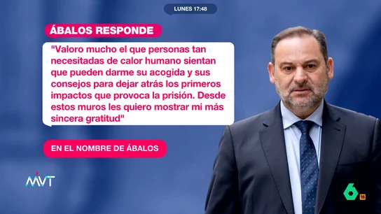 Ábalos publica las cartas de apoyo de otros presos que recibe en prisión: "No dejes que tus recuerdos pesen más que tus ilusiones" Mientras pasa las navidades en la prisión de Soto del Real, José Luis Ábalos comparte en sus redes sociales algunas de las cartas que ha recibido de otros presos de toda España.