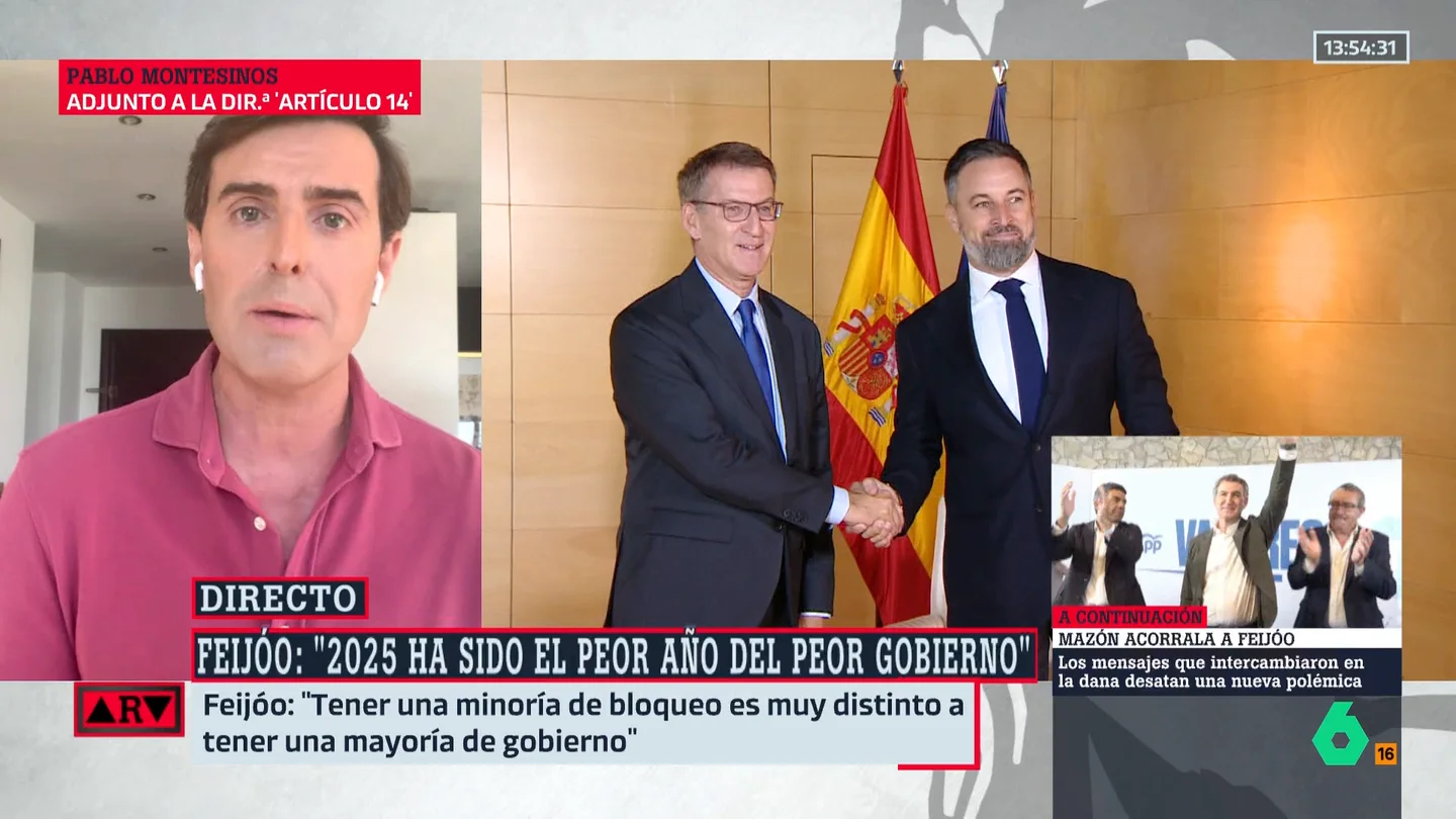 Montesinos, de los pactos de Guardiola: "Su entorno dice que asumirán compromisos de Vox que en campaña dijeron que no" Montesinos: "Feijóo no quiere a Vox en el Gobierno pero dice a sus barones que le ofrezcan entrar en los autonómicos"