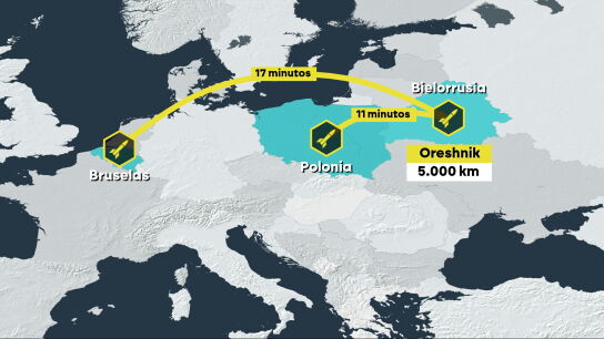Grafismo de la capacidad de acci&oacute;n del misil Oreshnik