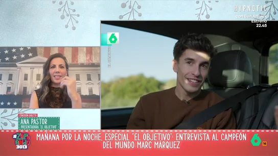 Ana Pastor, sobre su entrevista a Marc Márquez: "Cuánto deberían aprender nuestros políticos de gente como él" El Objetivo vuelve este martes a laSexta con un programa especial dedicado al campeón del mundo de motociclismo Marc Márquez. La periodista ha podido charlar con él y con su familia para conocer en profundidad al piloto.