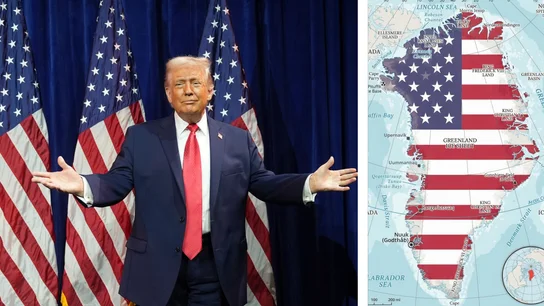 Donald Trump y un mapa de Groenlandia con la bandera estadounidense. Donald Trump y un mapa de Groenlandia con la bandera estadounidense.
