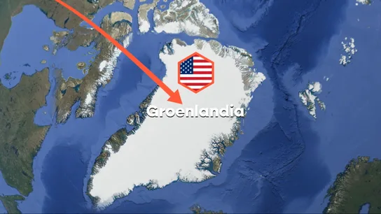Grafismo que muestra el mapa de Groenlandia con la bandera de Estados Unidos encima Grafismo que muestra el mapa de Groenlandia con la bandera de Estados Unidos encima