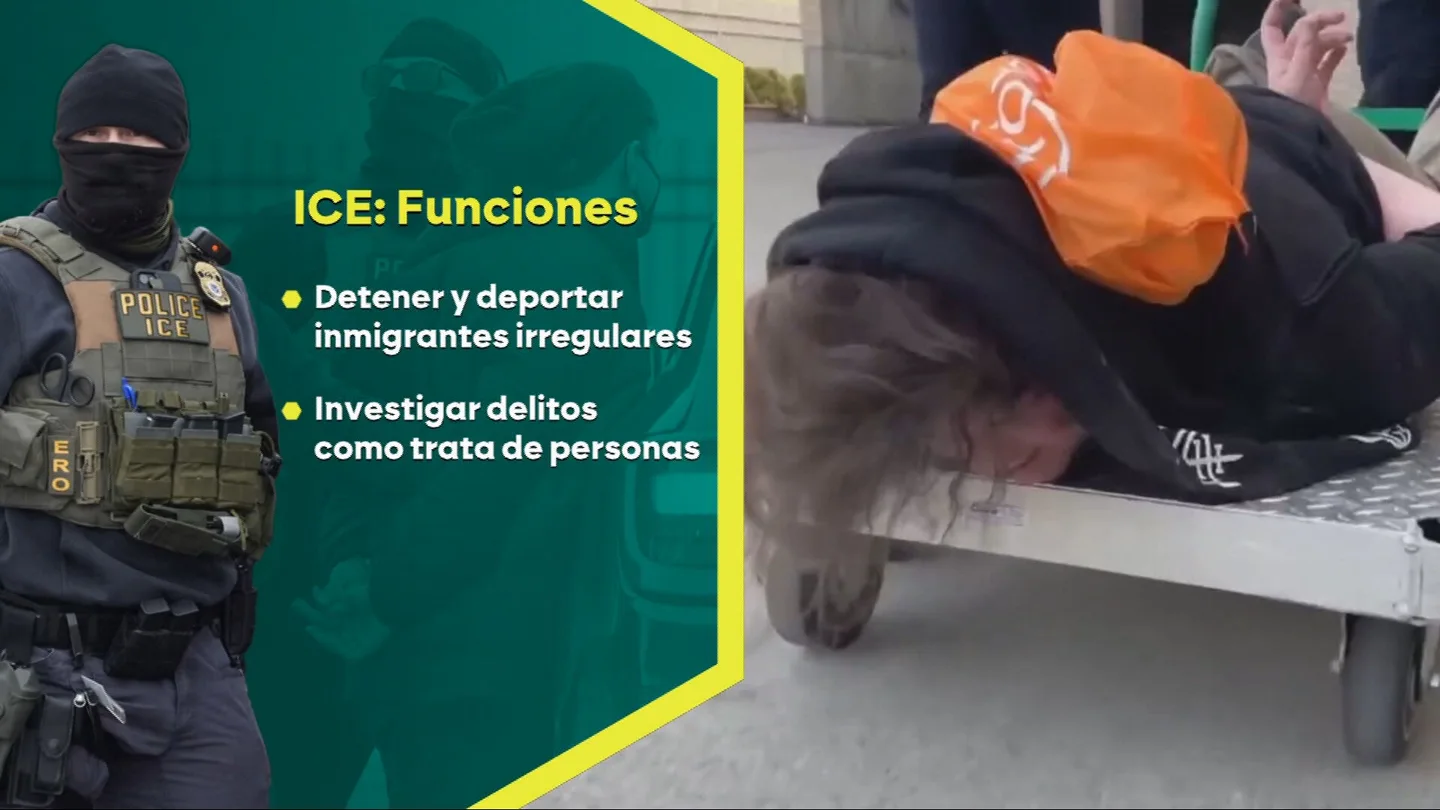 Grafismo sobre las funciones del ICE y una mujer detenida y transportada sobre una carretilla Grafismo sobre las funciones del ICE y una mujer detenida y transportada sobre una carretilla