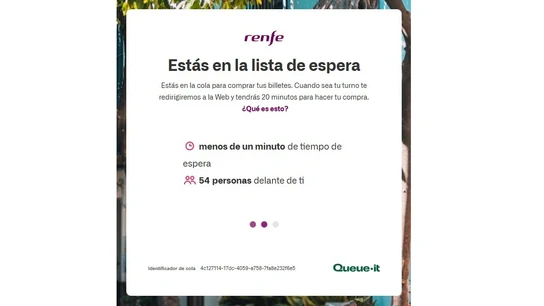 Lista de espera para comprar billetes baratos en Renfe, durante sus rebajas de enero de 2026. Lista de espera para comprar billetes baratos en Renfe, durante sus rebajas de enero de 2026.