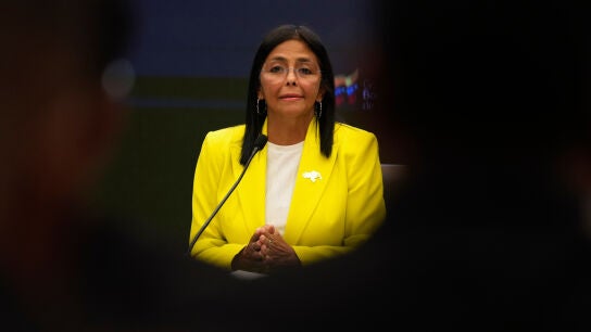 La presidenta de Venezuela, Delcy Rodr&iacute;guez, durante una comparecencia