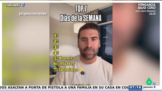 Alfonso Ar&uacute;s reacciona al ranking de los mejores y peores d&iacute;as de la semana: "El s&aacute;bado ya est&aacute; oliendo a domingo"