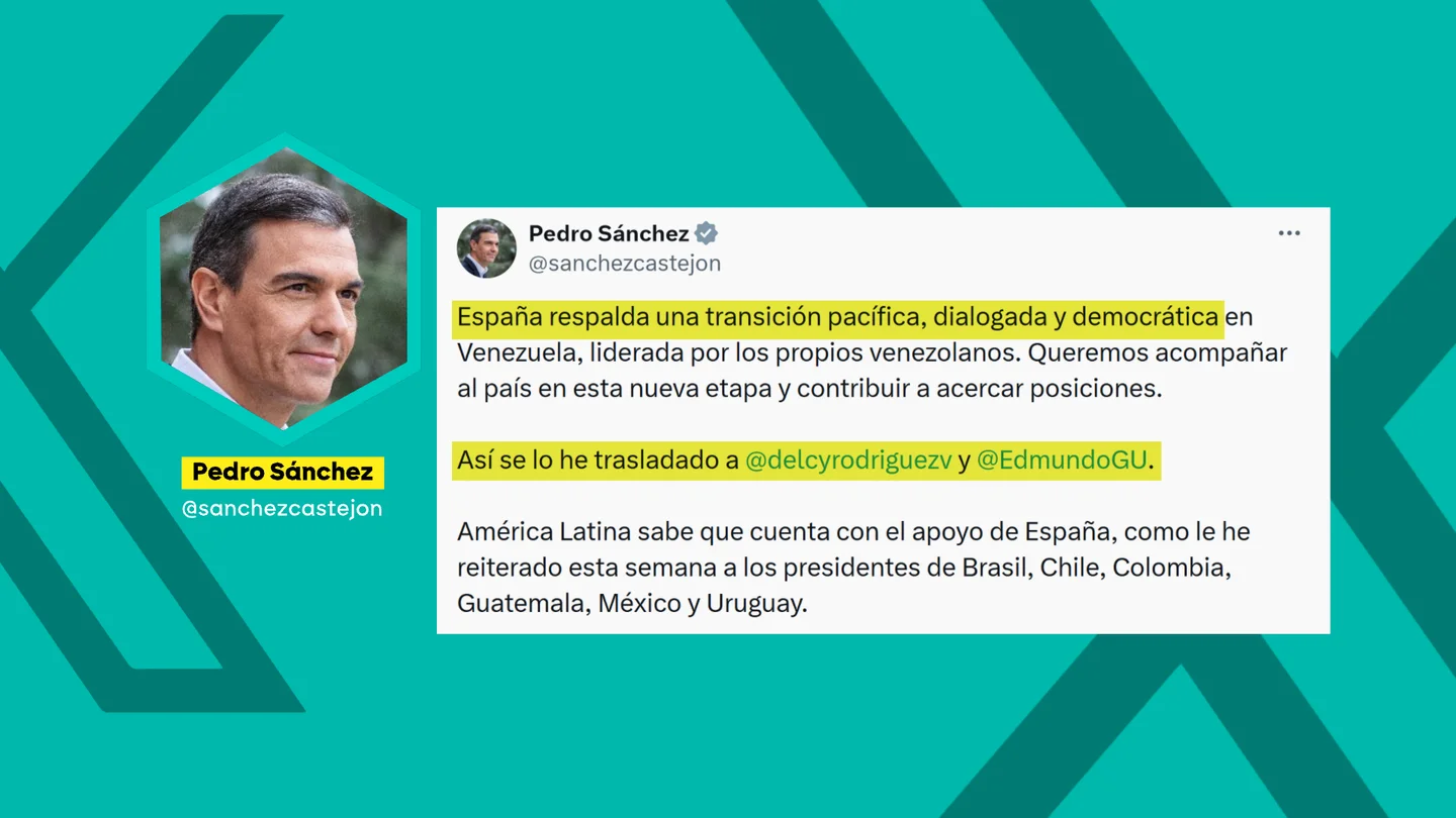 Sánchez traslada a Delcy Rodríguez y Edmundo González su respaldo para "una transición pacífica" y se presta a "contribuir a acercar posiciones" Sánchez traslada a Delcy Rodríguez y Edmundo González su respaldo para "una transición pacífica" y se presta a "contribuir a acercar posiciones"