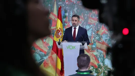 El líder de Vox, Santiago Abascal, durante una rueda de prensa en Madrid. El líder de Vox, Santiago Abascal, durante una rueda de prensa en Madrid.