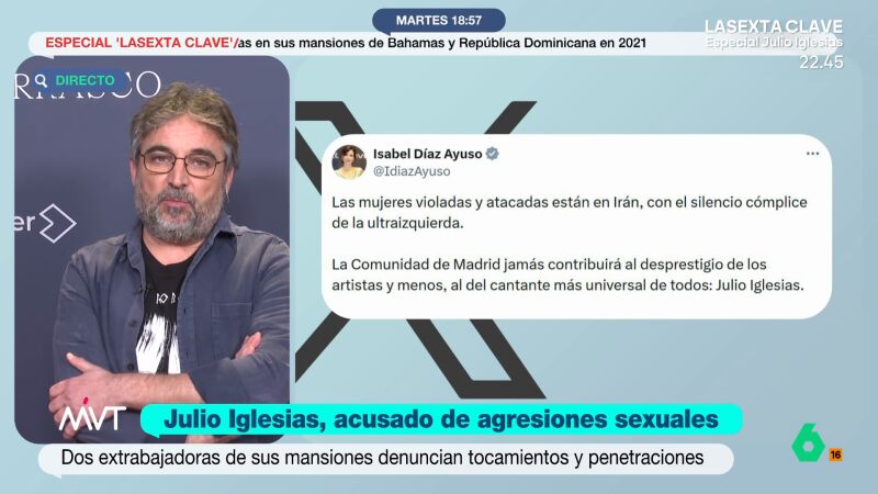 Jordi &Eacute;vole, tras defensa de Ayuso a Julio Iglesias: "Me parece casi insultante que se permita hacer un tuit como ese"