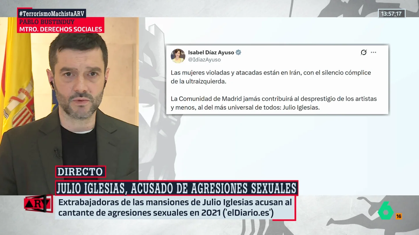 Bustinduy carga contra Ayuso por su férrea defensa a Julio Iglesias: "Siempre está con los poderosos que abusan de los débiles" Bustinduy carga contra Ayuso por su férrea defensa a Julio Iglesias: "Siempre está con los poderosos que abusan de los débiles"