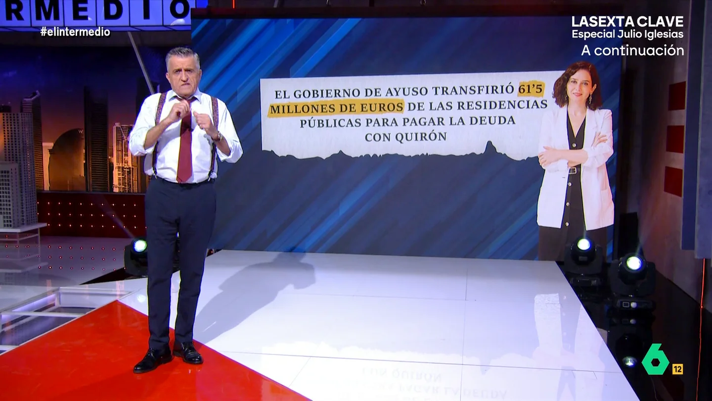 Wyoming, muy crítico con Ayuso tras transferir 61 millones de las residencias a Quirón: "¿Qué pasa, que les sobra el dinero?" Wyoming analiza 'sintácticamente' la transferencia del Gobierno de Ayuso de 61 millones de las residencias para pagar la deuda con el grupo Quirón: "Los madrileños no solo disfrutan de las cañitas, también de una sanidad mucho más cara".