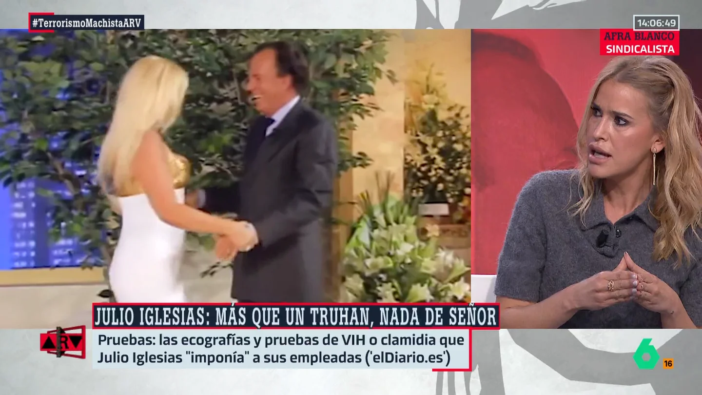 Afra Blanco, sobre las denuncias a Julio Iglesias: "¿Para qué coño un empleador tiene conocer si su trabajadora tiene clamidia?" Afra Blanco, sobre las denuncias a Julio Iglesias: "¿Para qué coño un empleador tiene conocer si su trabajadora tiene clamidia?"