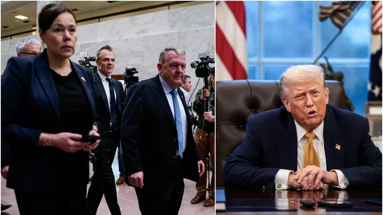 El ministro de Asuntos Exteriores danés, Lars Lokke Rasmussen, y su homóloga groenlandesa, Vivian Motzfeldt, junto a Donald Trump El ministro de Asuntos Exteriores danés, Lars Lokke Rasmussen, y su homóloga groenlandesa, Vivian Motzfeldt, junto a Donald Trump