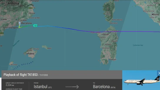 La trayectoria del avión de Turkish Airlines que ha aterrizado de emergencia en Barcelona La trayectoria del avión de Turkish Airlines que ha aterrizado de emergencia en Barcelona