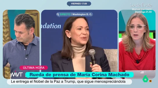 Tania Sánchez señala que si María Corina Machado quiere ser presidenta debería preocuparle "que sea de la mano de Trump" La opositoria venezolana ha generado una gran controversia después de entregar al presidente estadounidense la medalla del Nobel de la Paz enmarcada. Ha hecho esto para agradecerle su promoción de la paz.