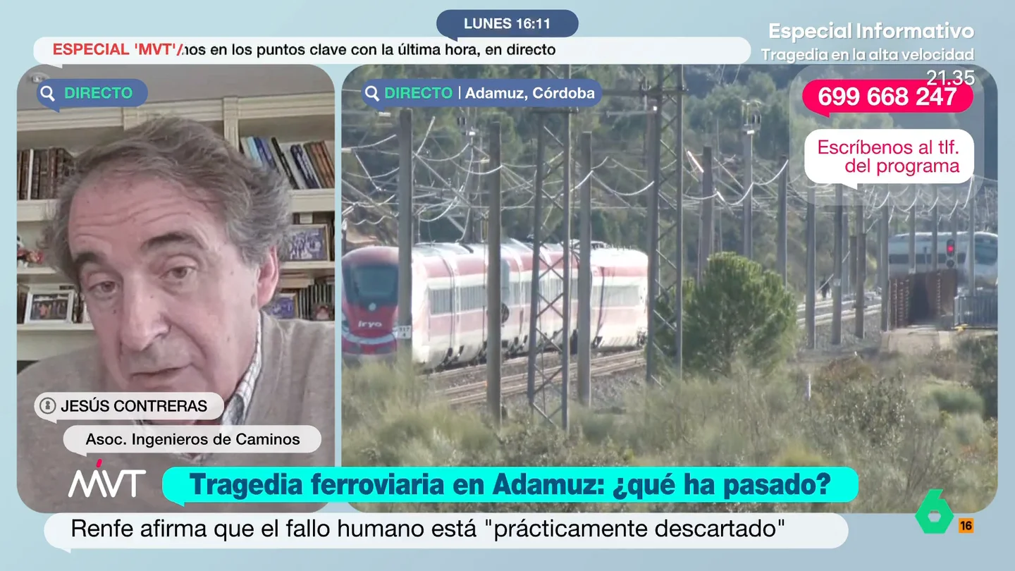 Un ingeniero de caminos analiza las posibles causas del descarrilamiento de Adamuz: "Tardaremos meses en saber lo que ha pasado" Jesús Contreras, vocal de la Asociación de Ingenieros de Caminos, descarta en este vídeo varias hipótesis sobre la causa del accidente entre un tren Iryo y un Alvia en Adamuz y elabora una posible teoría.