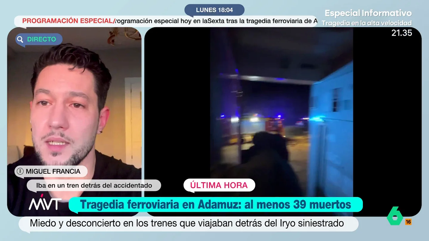 Miguel Francia viajaba en un tren detrás del siniestrado en Adamuz: "Compartían información con nosotros en todo momento" El pasajero explica que su tren se paró en mitad de la vía y los trabajadores les informaron de que había pasado algo unos kilómetros más adelante. El maquinista de su tren se trasladó hasta la zona accidentada para ver qué había pasado.