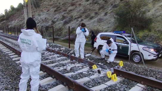Técnicos de la CIAF examinan la vía de Adamuz donde se ha producido el accidente. Técnicos de la CIAF examinan la vía de Adamuz donde se ha producido el accidente.